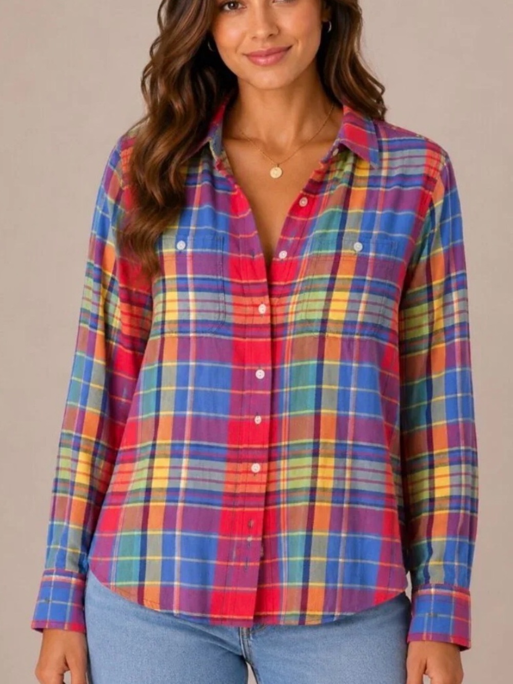 Lauren Ralph Lauren Flannel Shirt Womens Medium Multicolor Plaid Chest Pockets